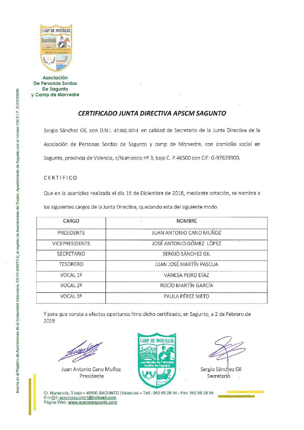 JUNTA DIRECTIVA SAGUNTO 2018