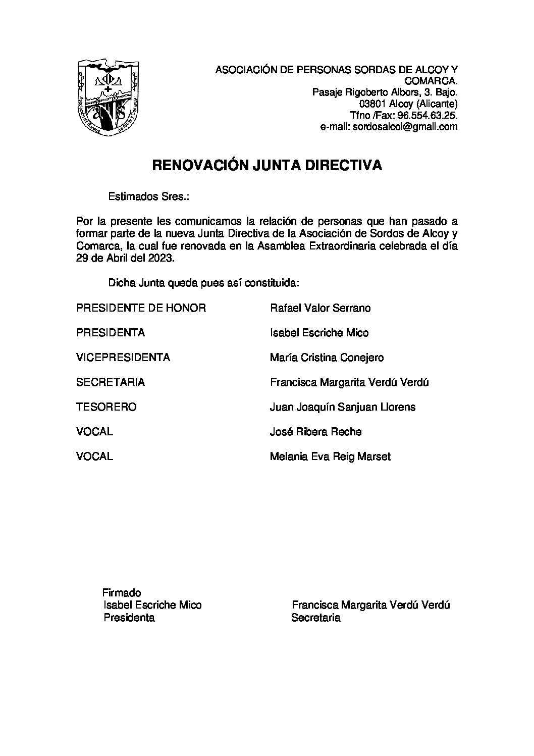 RENOVACIÓN JUNTA DIRECTIVA 2023-2025 Alcoi